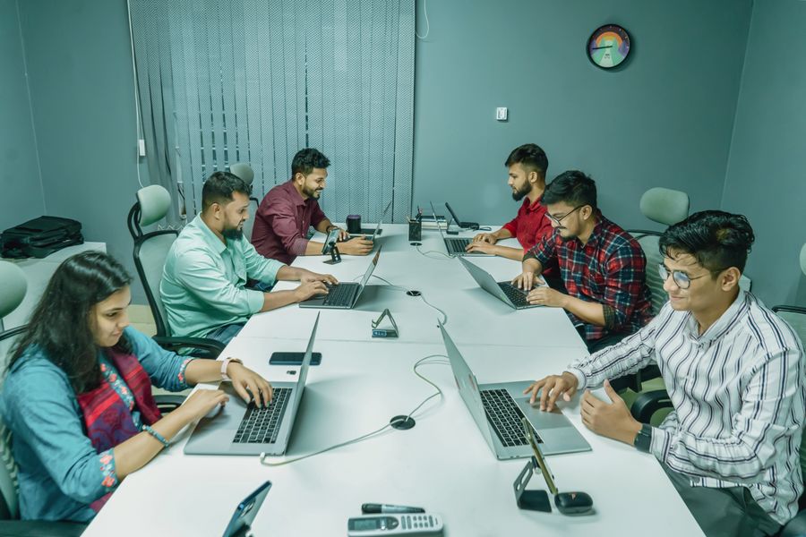 Creative marketing team collaborating in a modern workspace